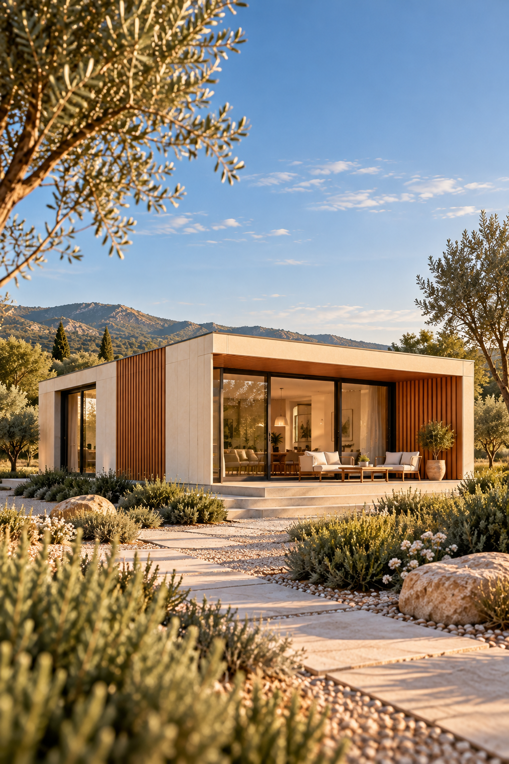 Casa modular contemporánea con fachada clara, revestimiento de madera y terraza acristalada